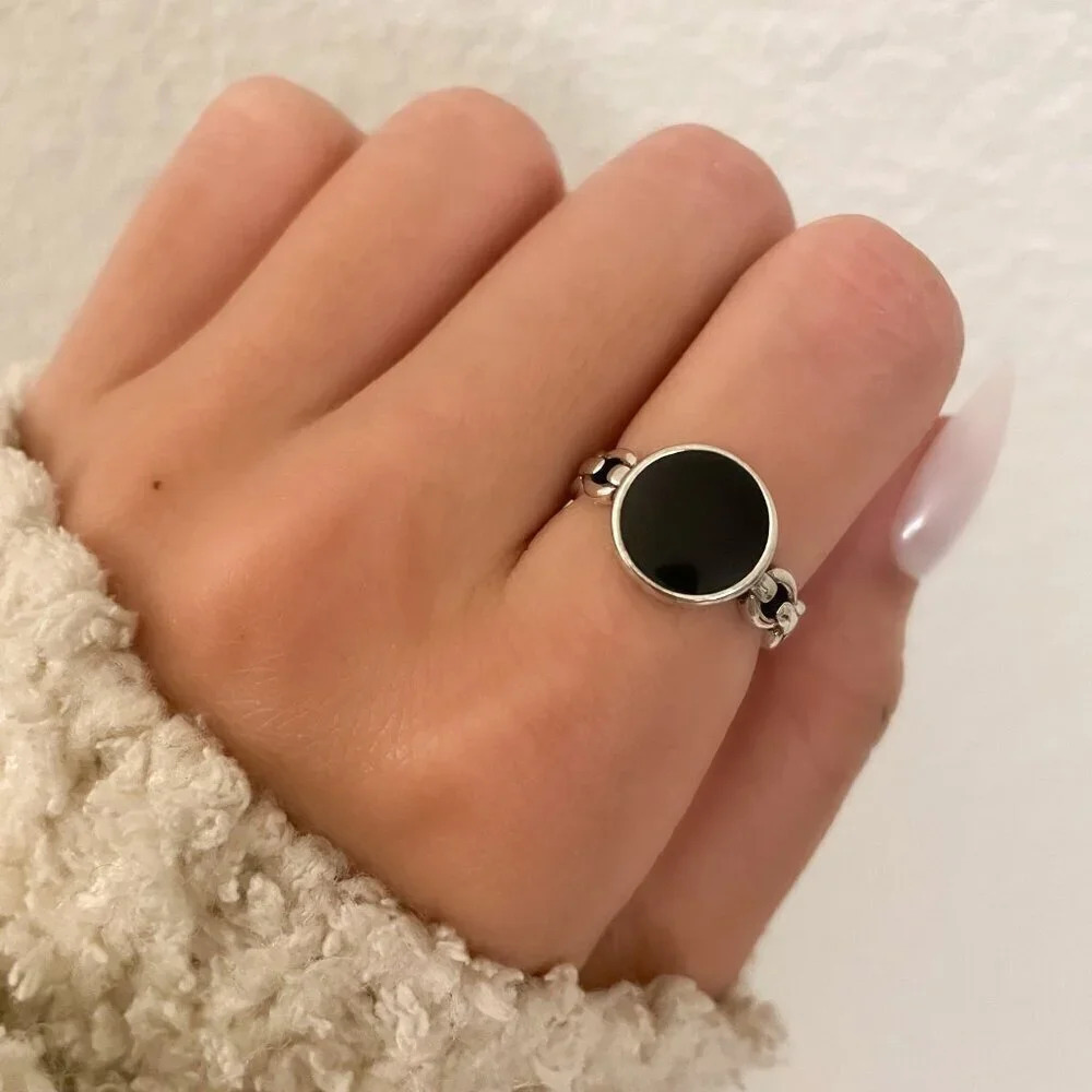 925 Sterling Silver Black Circle Ring Curb Chain Ring Band Minimalist Ring